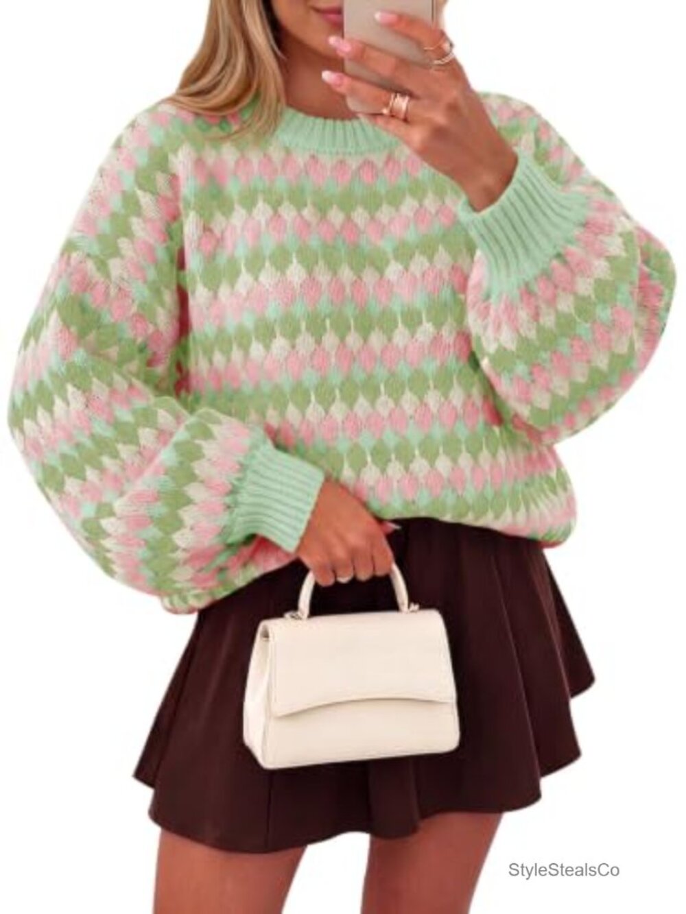 Womens Striped Sweater Color Block Lantern Sleeve Chunky Knit Pullover